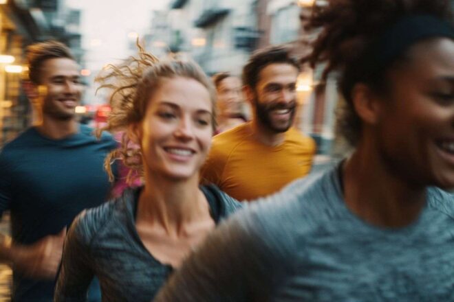 Runneurs divers dans une ville vibrante