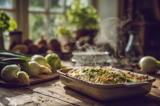Table rustique avec gratin de poireaux