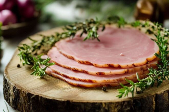 Tranche de jambon sur une planche en bois avec herbes fraîches