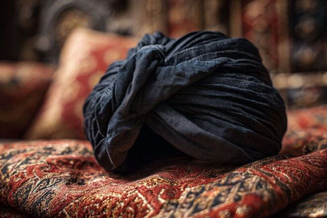 Turban noir sur tissu richement décoré