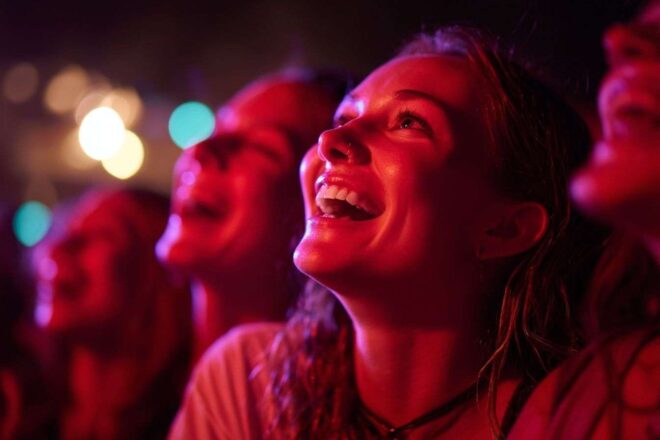 Visages divers éclairés par des lumières de scène
