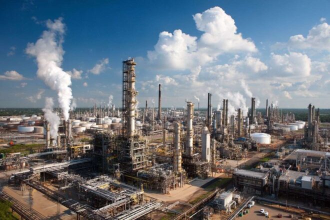 Vue aérienne d une raffinerie de pétrole expansive