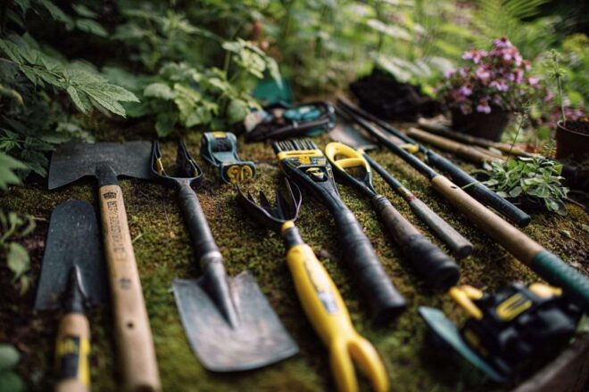Vue large du jardin avec outils pour élimination des mauvaises herbes