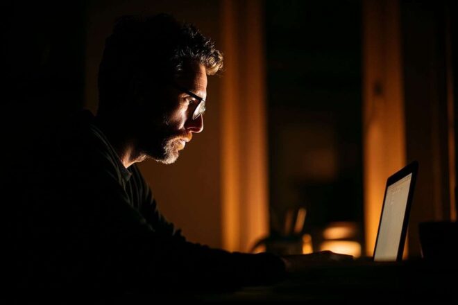 Vue latérale d un homme assis à un bureau