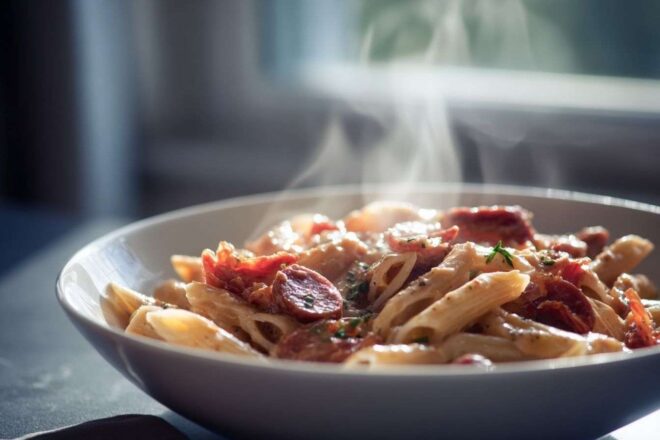 Bol fumant de penne, chorizo et tomates