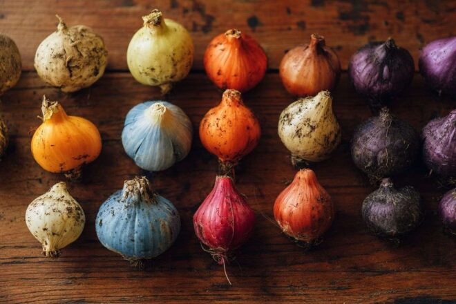 Bulbes de plantes colorés sur table en bois