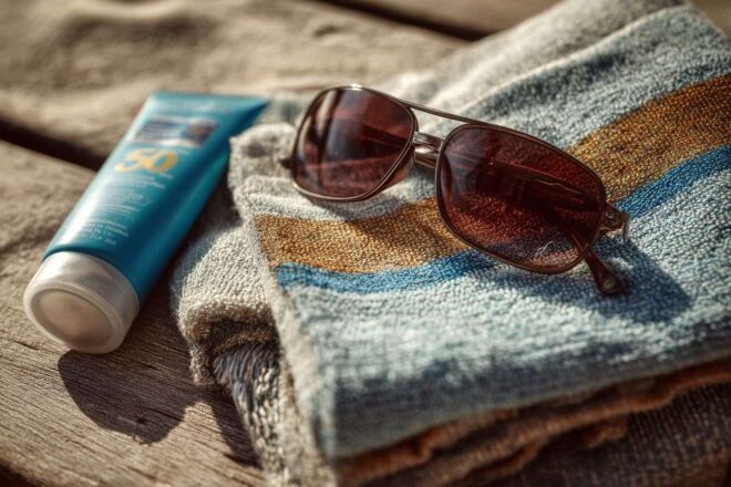 Close up des essentiels de voyage d été