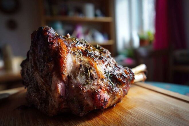 Close up gigot d agneau parfaitement cuit