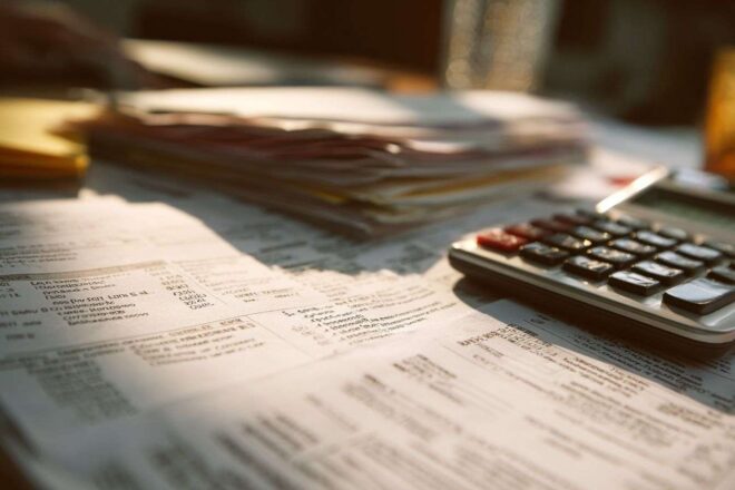 Close up sur documents financiers avec calculs