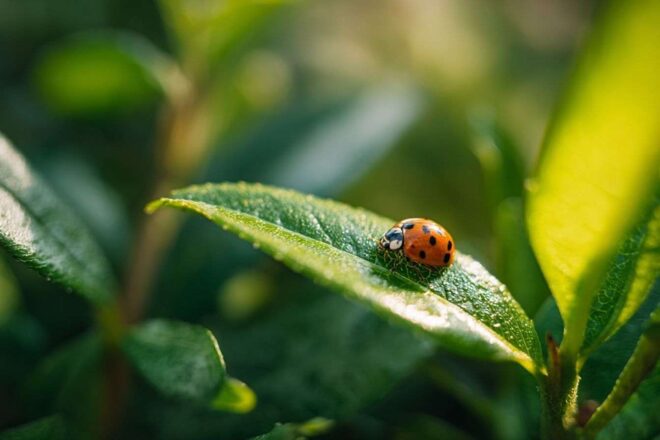 Coccinelle sur feuille verte végétale