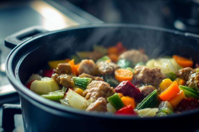 Cocotte fumante avec légumes variés et viande tendre