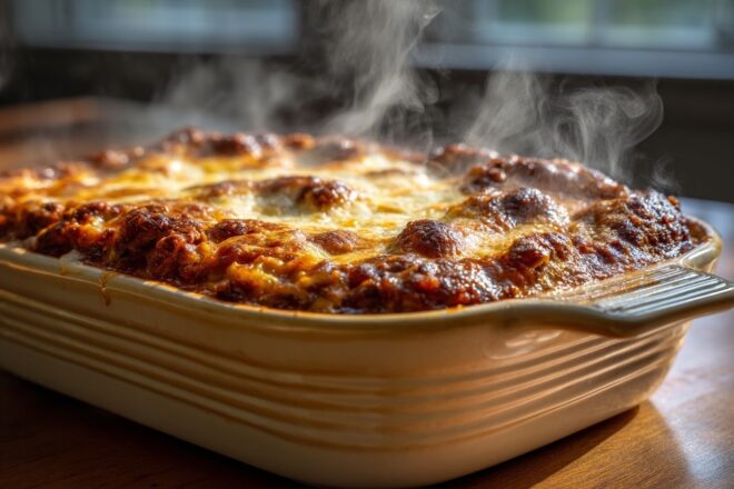 Délicieuse lasagne bouillonnante dans un plat en céramique.
