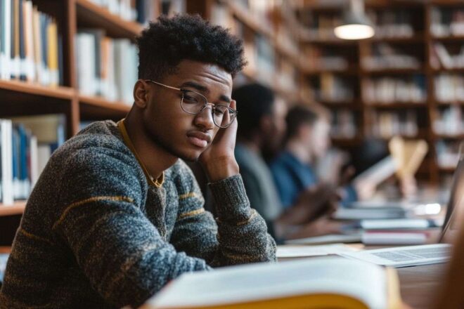 Étudiants réfléchis étudiant à la bibliothèque