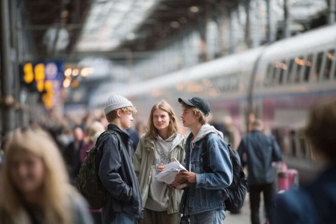 Gare animée avec jeunes voyageurs