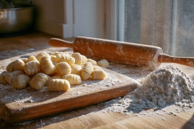 Gnocchis faits main sur une planche