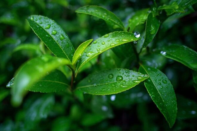 Gouttelettes de pluie sur feuilles vertes