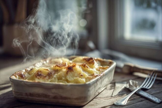 Gratin dauphinois fumé sur table en bois