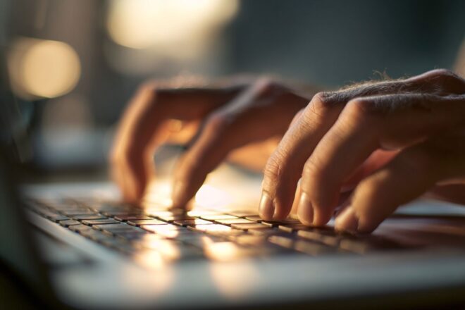 Gros plan de mains masculines fortes tapant sur un clavier d ordinateur portable