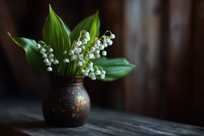 Gros plan des fleurs délicates de muguet dans un vase rustique sur une table en bois