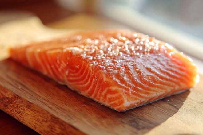 Gros plan d un filet de saumon frais sur une planche à découper en bois