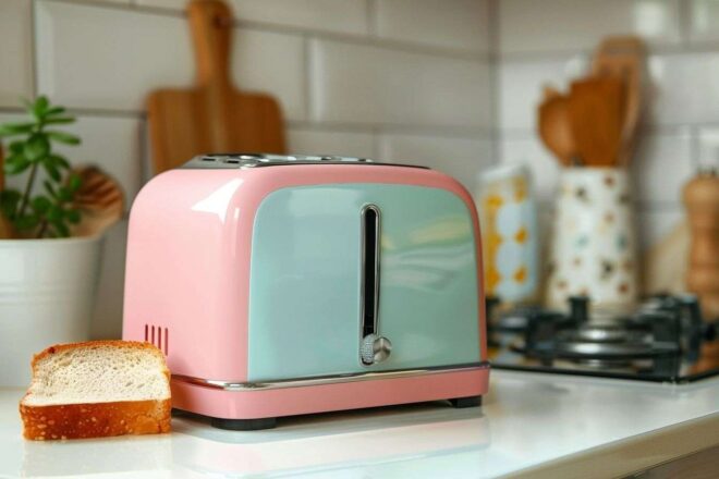 Gros plan d un grille pain coloré pastel sur un comptoir de cuisine