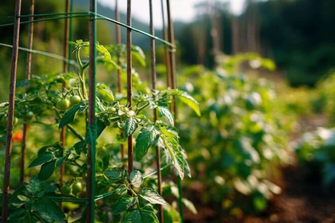 Gros plan sur cages à tomates vertes dans un jardin ensoleillé