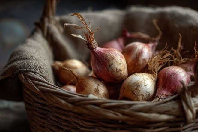 Gros plan sur des bulbes de tulipes vibrants dans un panier rustique