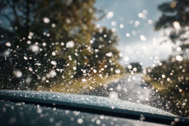 Gros plan sur des grêlons rebondissant sur un pare brise de voiture