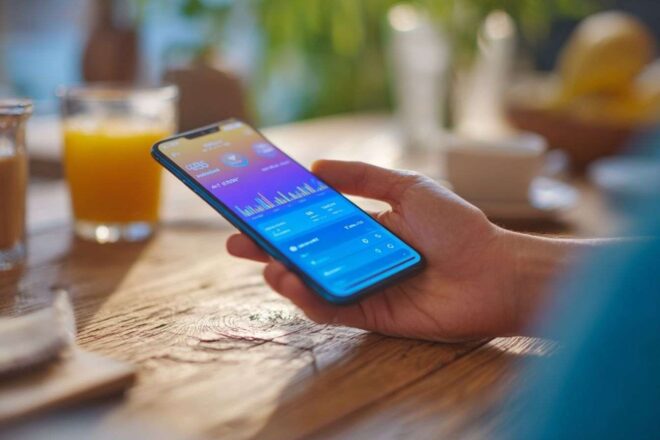 Gros plan sur un smartphone avec interface bancaire en ligne