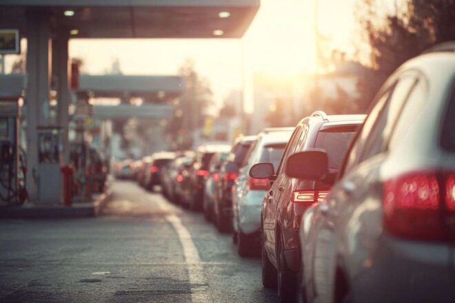 Longue file de voitures à la station service