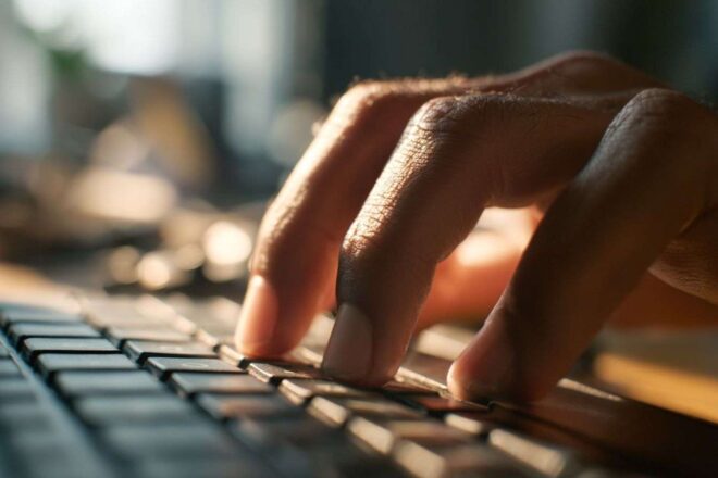 Main hésitante sur clavier avant de lire un email