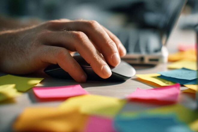 Mains sur une souris d ordinateur avec des post it colorés