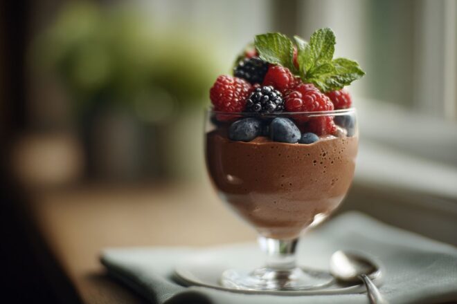 Mousse au chocolat élégante avec baies fraîches