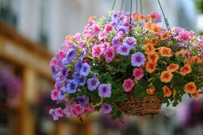 Panier fleuri suspendu en été
