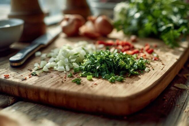 Planche à découper avec ingrédients hachés