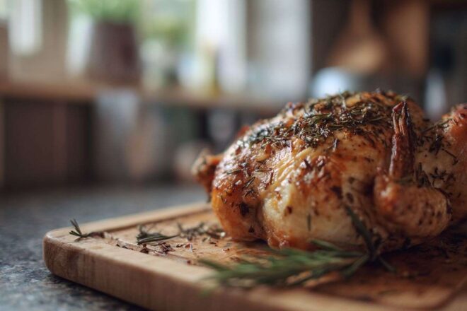 Poulet entier aux herbes sur planche à découper