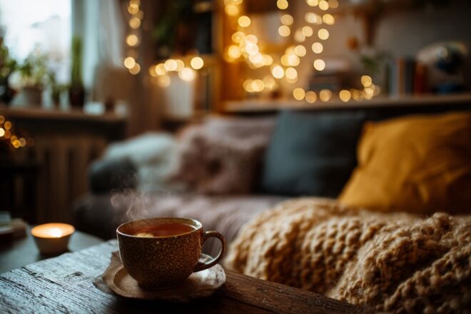 Salon chaleureux avec décor féerique