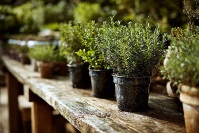 Scène de jardin avec pots de thym et romarin