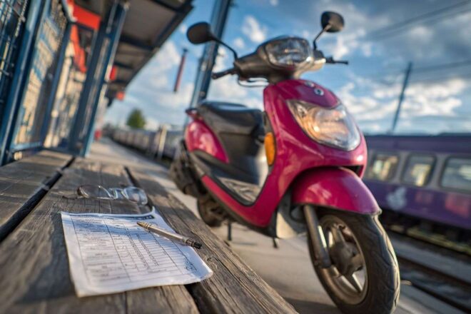 Scooter sur plateforme avec checklist inspection technique