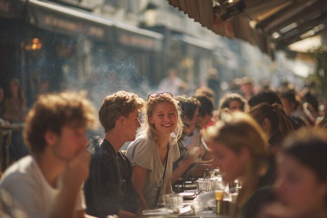 Terrasse de café animée en france avec signalisation sans fumée
