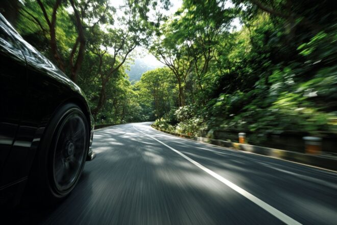 Véhicule rapide sur route sinueuse