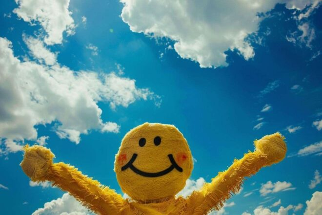 Visage joyeux sous ciel bleu