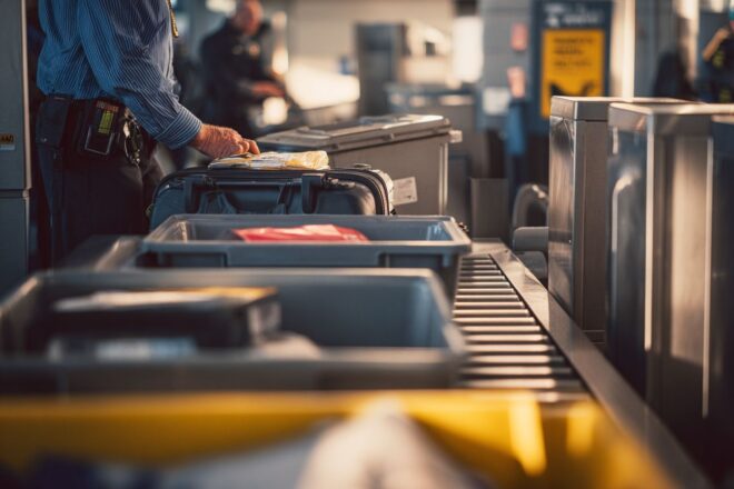 Vue d un passager plaçant des effets personnels dans des bacs de contrôle
