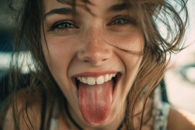 Jeune femme langue visage tête