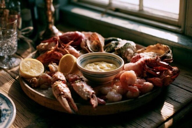 Bol délicat de mayonnaise à l ail avec fruits de mer frais