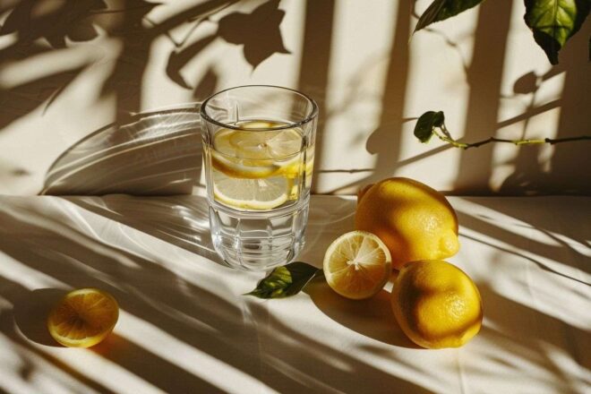 Citrons frais tranchés et verre d eau citronnée