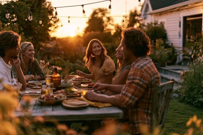 Coucher de soleil sur un repas convivial entre amis