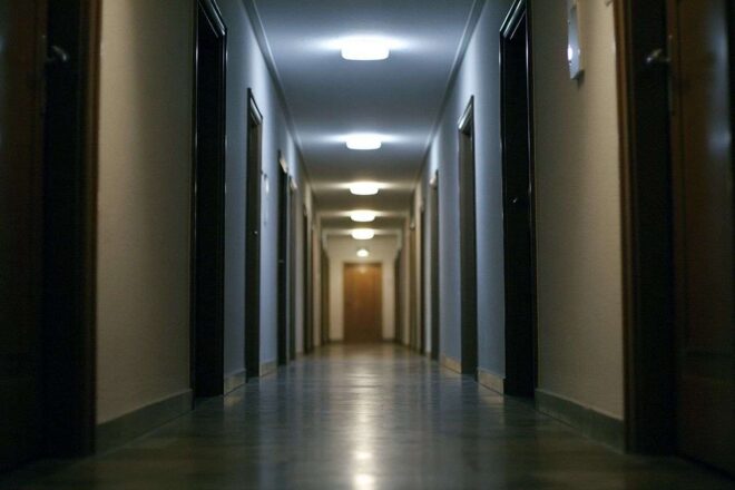 Couloir sombre avec portes fermées
