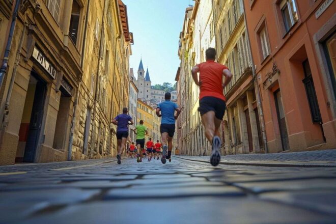 Coureurs à travers les rues historiques de lyon