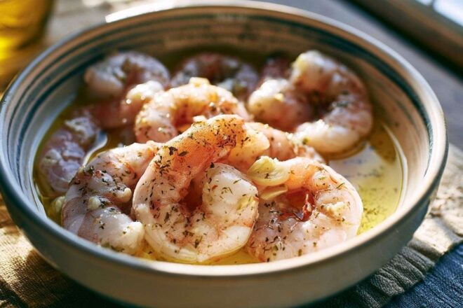 Crevettes marinées à l ail et huile d olive